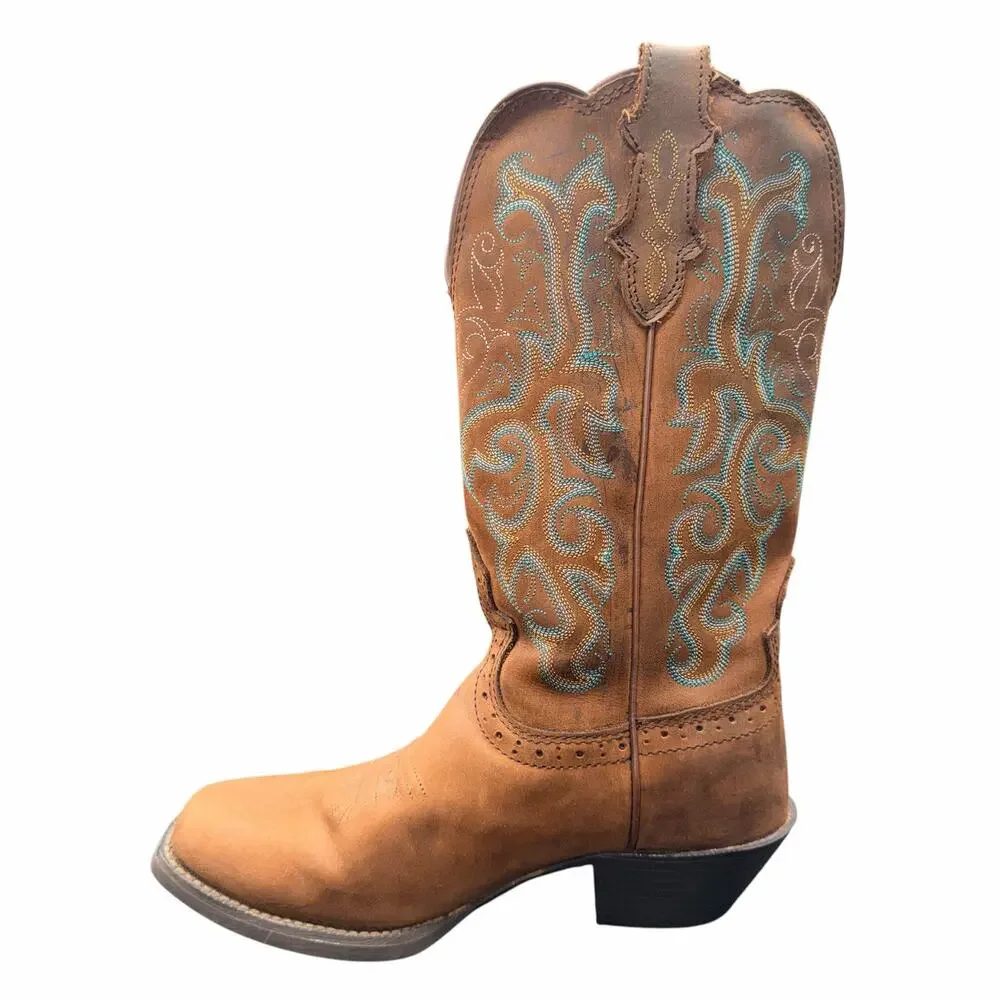 Justin Leather Western Boots Tan Turquoise Stitch Women 7B
